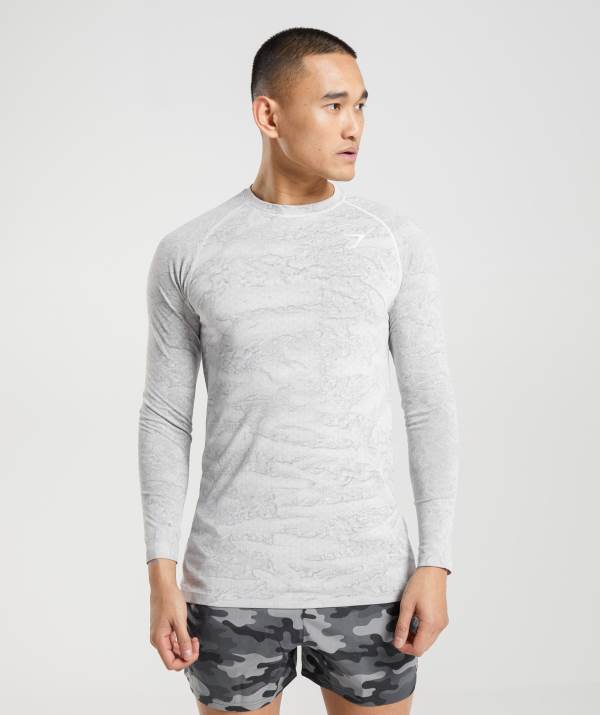 Panske Mikiny Gymshark Geo Seamless Long Sleeve Biele Svetlo / Siva | UM5682714
